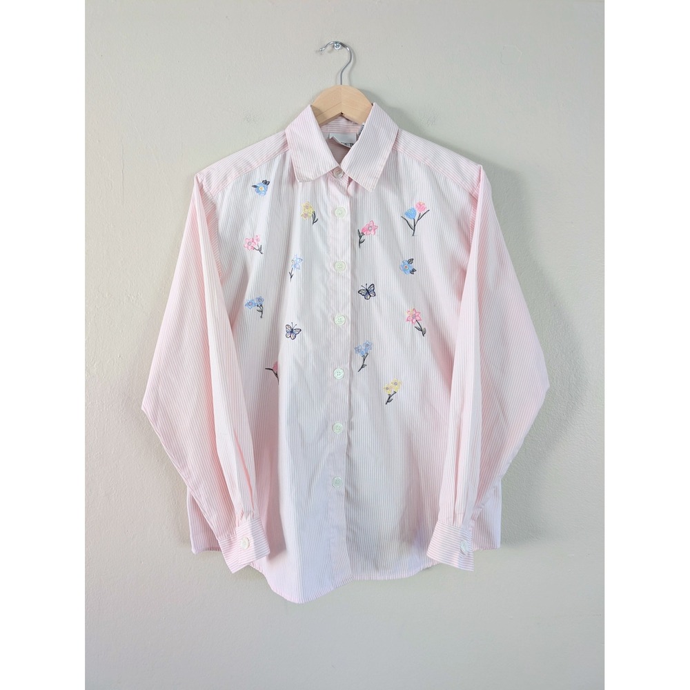 VTG Koret Pink Stripe Embroidered Floral Butterfly Button Up Shirt Women's S
